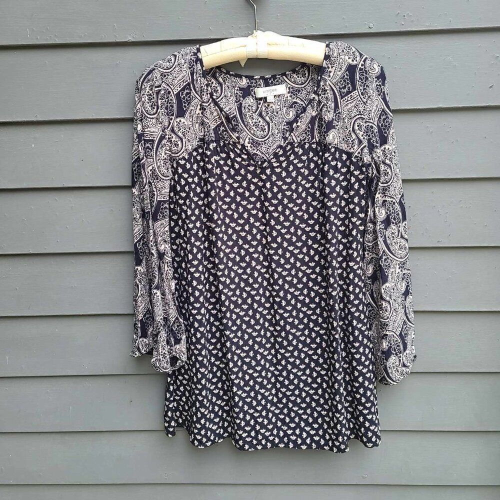Umgee Black Tan Cotton Blend Paisley Bird Print Top Small